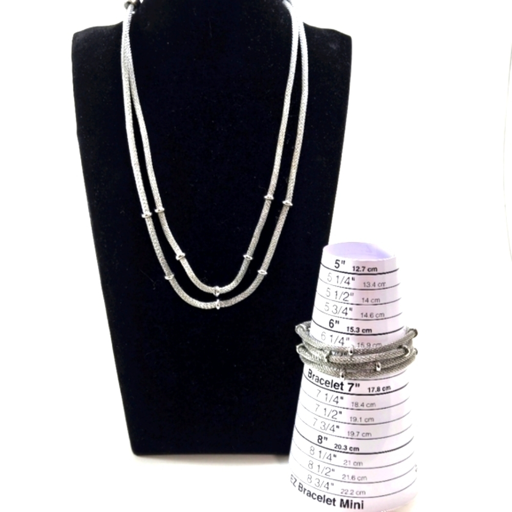 Anne Klein Necklace Bracelet Set Silvertone Mesh Rope Double Strand Classic